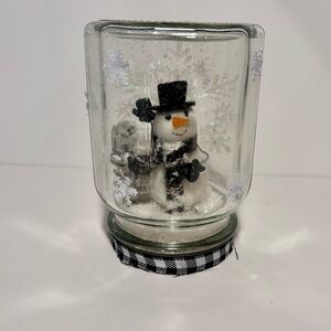 Hand Made Mason Jar Snow Globe with Snowman & Glittery Snowflakes 6 inches